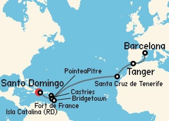 Itinerario del Crucero Transatlánticos desde Santo Domingo (RD) Costa Cruceros