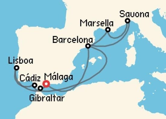 Itinerario del Crucero Mediterráneo desde Málaga Costa Cruceros