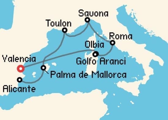 Itinerario del Crucero Mediterráneo desde Valencia Costa Cruceros