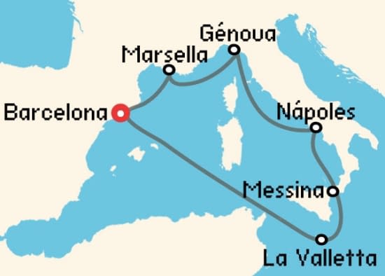 Itinerario del Crucero Mediterráneo desde Barcelona MSC Cruceros