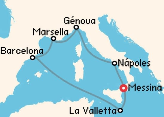 Itinerario del Crucero Mediterráneo desde Messina - Sicilia MSC Cruceros